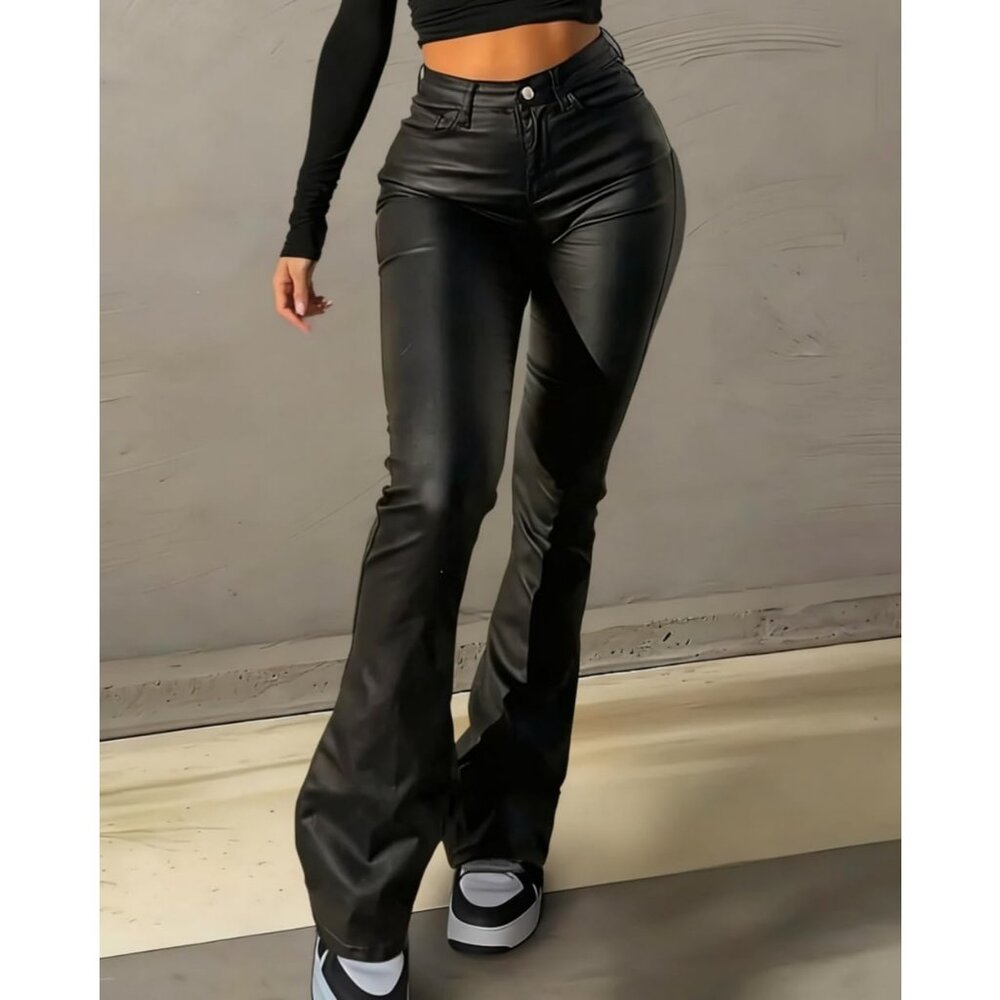 Women's 1 Black Cozy Faux Leather Flare Bell Bottom Sexy Legging Zipper Pants - Picture 6 of 7